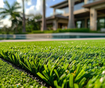 Green grass on sun light over it, artificial grass with blurry trees