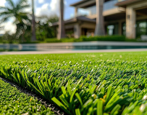 Green grass on sun light over it, artificial grass with blurry trees