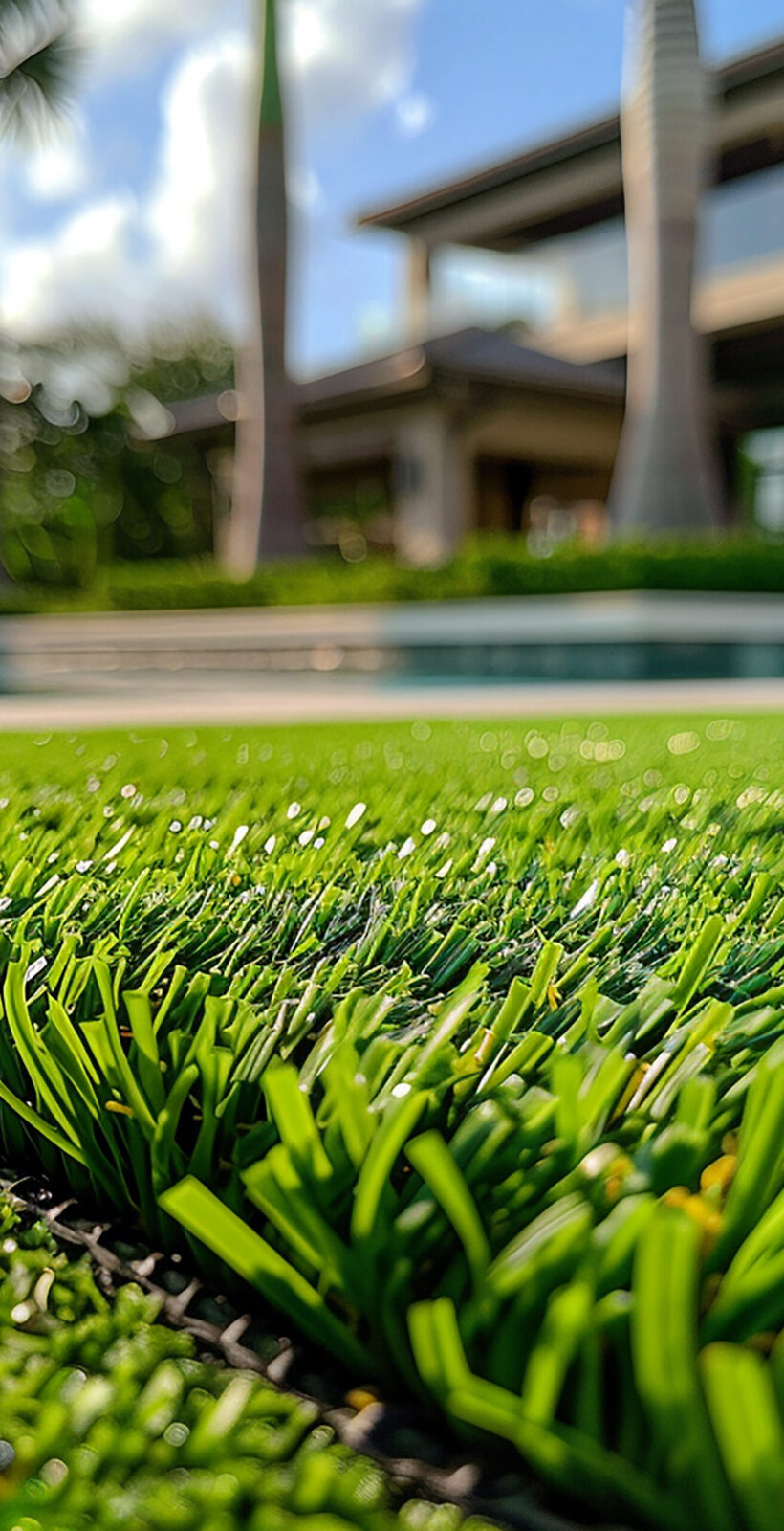 Green grass on sun light over it, artificial grass with blurry trees